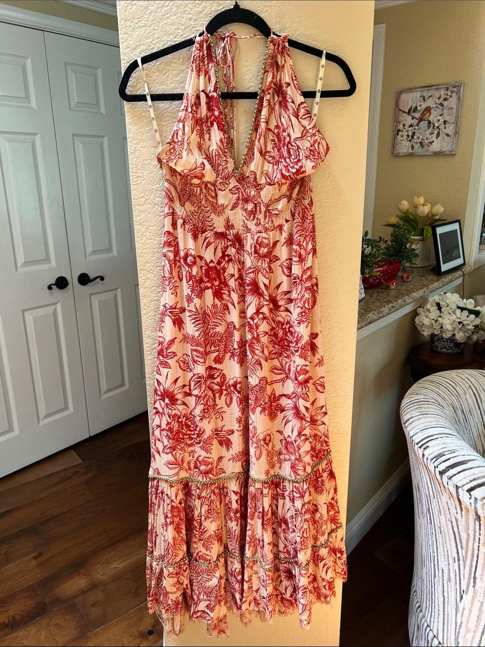 Women’s Red/Orange /Tan Floral Halter Maxi Dress with beading.